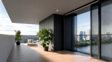 Obraz premium Modern balcony architecture city skyline view with large glass doors, potted plants, and wooden floor, peaceful atmosphere