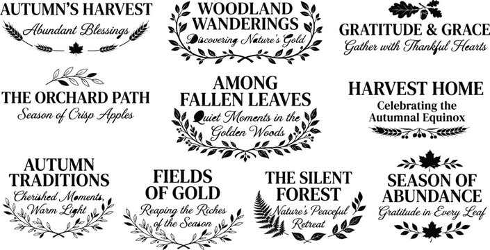 Collection of vintage style autumn harvest typography labels with floral frames for seasonal holiday design projects