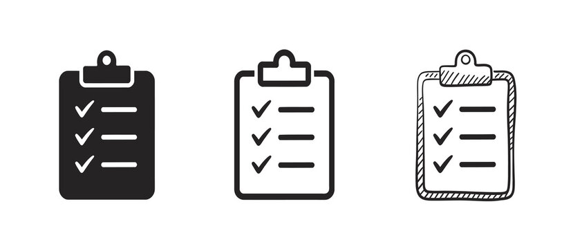 Clipboard with checklist vector icons set includes a black solid, outlined, and hand-drawn style, suitable for task management and surveys.