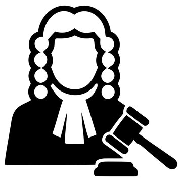Minimalist black silhouette featuring a judge wearing a traditional periwig and holding a wooden gavel with displays high contrast black icon judge gavel