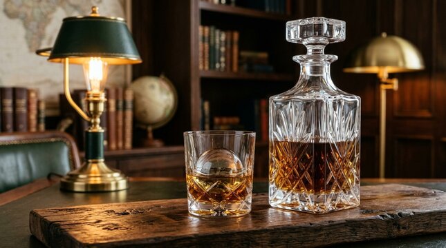 Whiskey Decanter and Glass with Ice Ball, Vintage Study Desk with Lamp