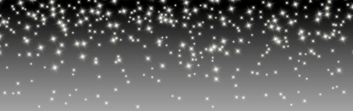 Glowing white star sparkles scattered across a black to gray gradient background, creating a magical light effect for festive and elegant designs