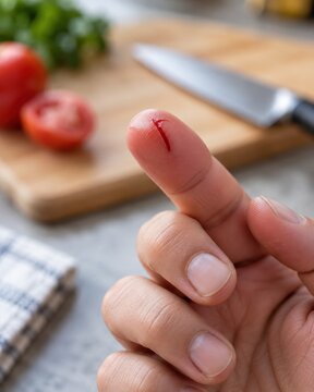 Close-up of a minor cut and bleeding on a finger in a kitchen with a cutting board and knife