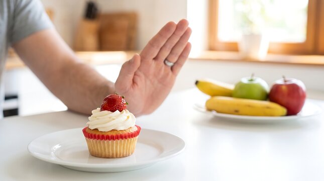 Person using hand gesture to refuse sweet cupcake in favor of fresh fruit with rejecting sugar lifestyle change weight loss self control dessert rejection fruit bowl
