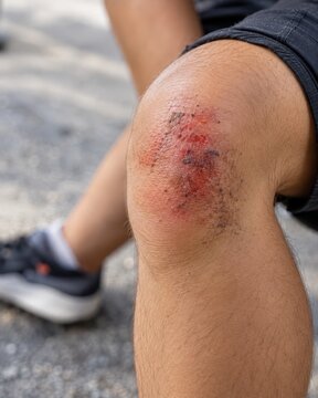 Scraped and bruised human knee with dirt and gravel after an outdoor fall or sports accident