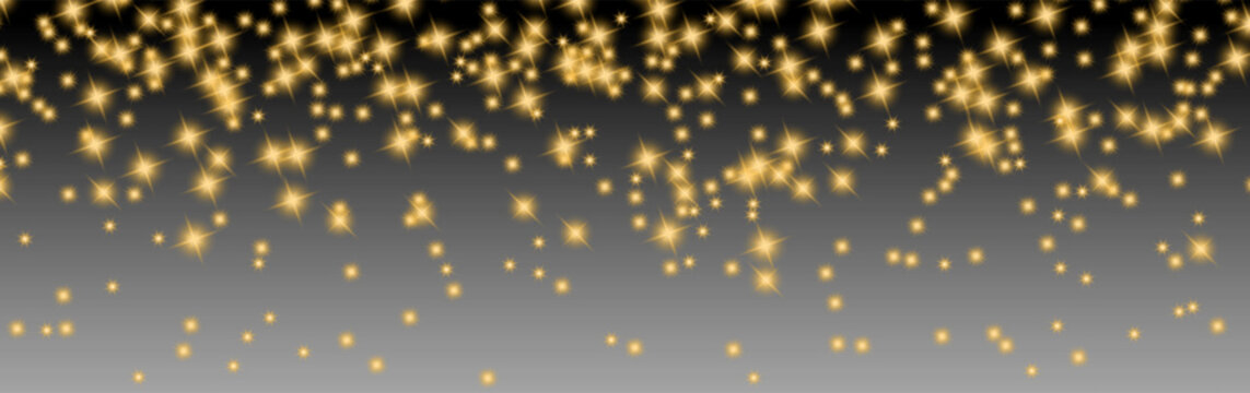 Glowing golden star sparkles scattered over a dark to gray gradient background, creating a festive luxury light effect for holiday designs