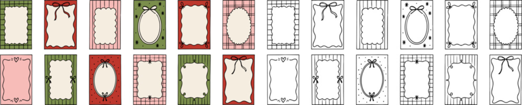 Large collection of colorful and black hand drawn decorative frames with bows, hearts and patterned borders for cards, invitations and templates