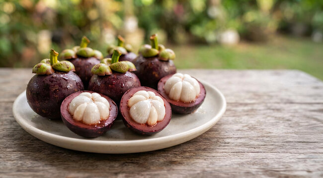 Fresh ripe mangosteen fruits with white segmented flesh displayed on a ceramic plate in a tropical garden setting.
