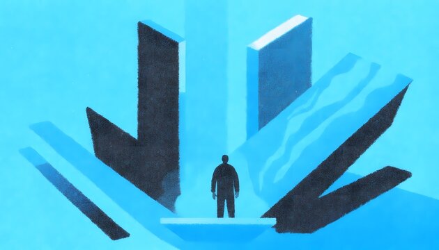 Abstract minimalist arrows pointing downward in a digital landscape. Data down-trend and financial market drop concept. Person standing before large directional arrows