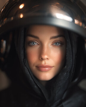 Woman wearing black protective helmet in dramatic close-up