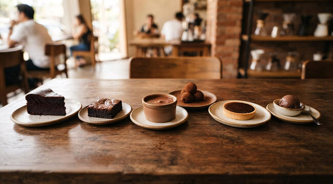 Assorted chocolate desserts including cake, brownie, pudding, truffles, tart and ice cream arranged across a rustic cafe table.