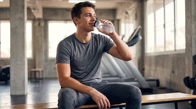 Medium shot of smiling young man sitting on bench and drinking water from shaker bottle in gym, post workout hydration concept.