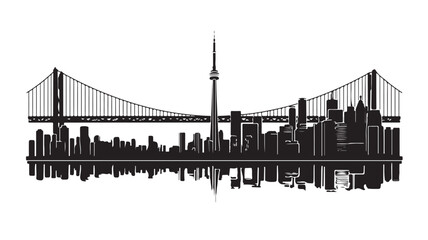 Obraz premium Detailed vector illustration of Toronto skyline featuring iconic CN tower and suspension bridge silhouettes against a clean white background area