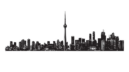 Obraz premium Detailed Toronto skyline vector illustration featuring iconic CN tower silhouette and various modern architectural buildings in bold black ink style