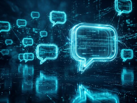 Futuristic Glowing Blue Digital Speech Bubbles Floating in a Dark Abstract Network Environment, Concept of Online Chat, Social Media Communication, and Messaging Technology