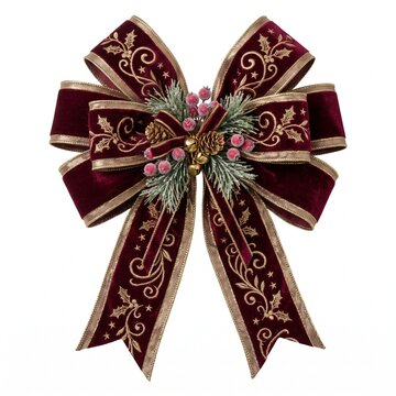 Elegant Velvet Holiday Bow with Pine Sprig and Berries Decorative Ribbon