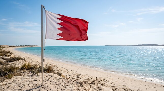 Bahrain national flag waving on pole at sunny beach with turquoise sea and clear blue sky