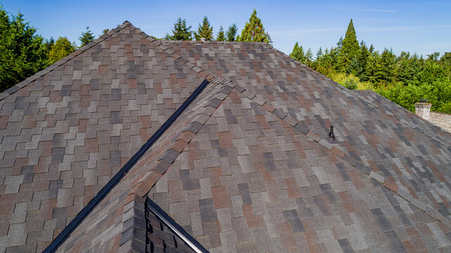 Aerial view of an asphalt shingle roof with textured brown and grey tiles, featuring a hip roof design, surrounded by trees under a clear blue sky in Lake Oswego, Oregon, United States.