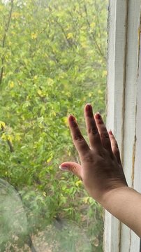 Woman touching a window glass while yellowing trees sway in the wind outside under an overcast sky, representing the arrival of autumn, colder weather, cooling temperatures and seasonal change.