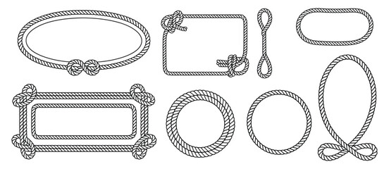 lasso rope frame silhouette set, round nautical borders with retro cordage knots and intertwined cable designs for decorative vector artwork © AKTHERRUZZAMAN