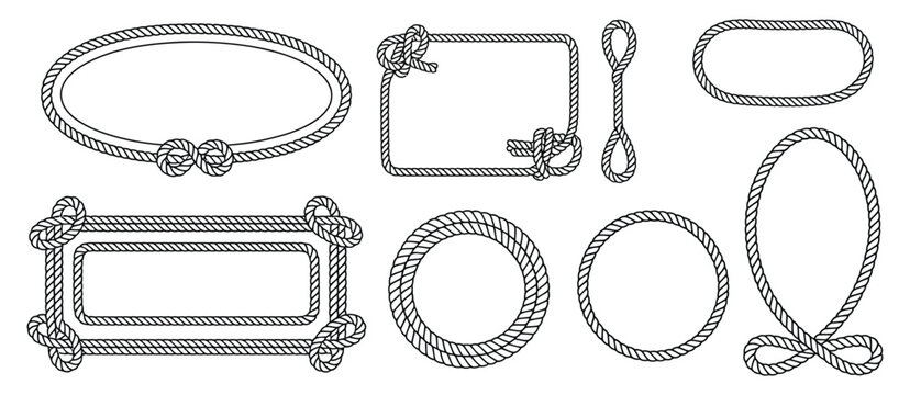 lasso rope frame silhouette set, round nautical borders with retro cordage knots and intertwined cable designs for decorative vector artwork
