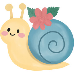 Cute cartoon snail with a bright blue shell, cheerful expression, and a delicate flower on its head. © Kunnika