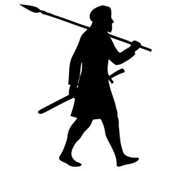 Obraz premium Black silhouette of traditional warrior carrying spear and sword walking in profile view isolated graphic with depicts dark silhouette