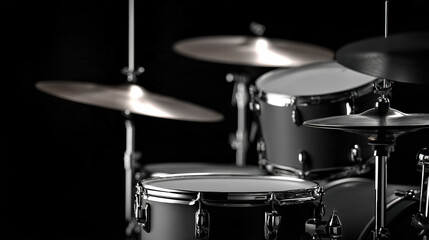 Obraz premium Black drum set close up, high contrast lighting, metallic cymbals, modern music instrument, dramatic mood, studio background