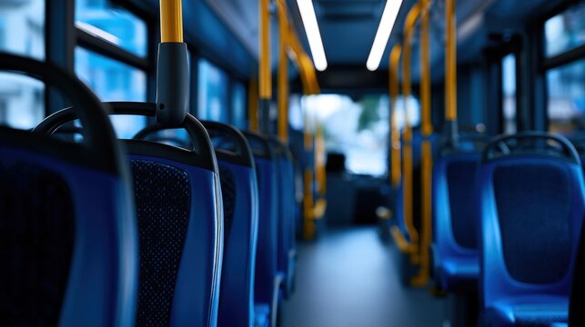 A view of an empty bus interior showcasing blue seats and yellow poles under bright lights
