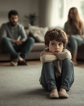 Sad boy sitting alone while parents remain blurred at home