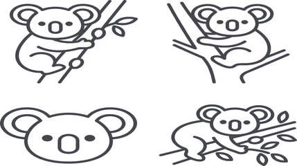 Fototapeta premium Cute Koala Bear Line Icon Set featuring Australian Wildlife Marsupial Characters Climbing Eucalyptus Trees and Minimalist Animal Logo Outline Elements