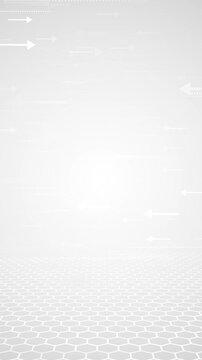 Abstract Directional Arrows on Clean Virtual Network Grid Background, Directional arrows stream toward glowing center above a hexagonal floor. navigation, logistics, decisions, digital transformation.