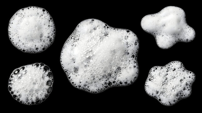 Ultra Realistic White Soap Foam and Bubbles Isolated on Black Background, Abstract Cleaning Texture, Liquid Lather, Glossy Transparent Bubbles, Macro Photography