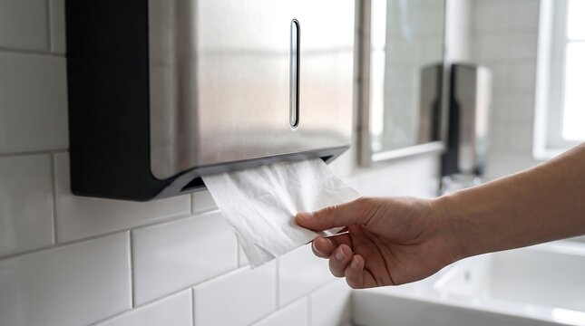 Person Pulling Paper Towel From Stainless Steel Wall Dispenser in Modern Public Restroom, Hand Drying and Hygiene Sanitation Concept, Clean Bathroom Interior, Close Up View