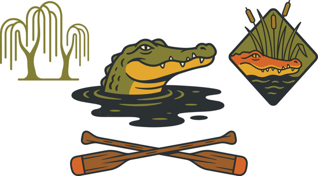 Alligator swamp adventure vector badge set with crocodile head, willow trees, crossed boat paddles, and bayou reeds graphic icons.