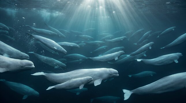 A large pod of wild beluga whales swimming together through the deep blue ocean water, illuminated by sunlight piercing the surface.