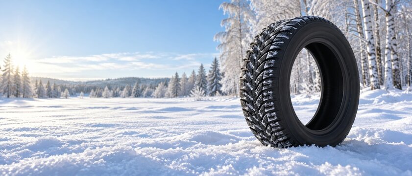 Winter tire with snow tread standing in deep snow. Frosty forest landscape with birch trees under sunny blue sky. Automotive tire safety and seasonal driving concept.