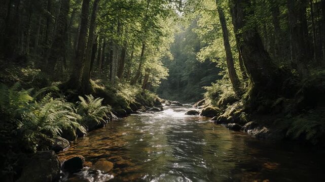 Sunlight beams through lush forest canopy onto a flowing stream with gentle ripples