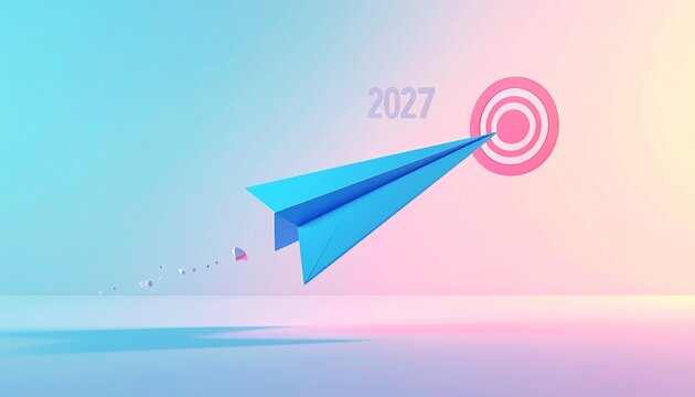Blue paper airplane flying towards a target with the year 2027 in a pastel sky blue plane future goals business strategy