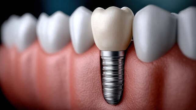 Dental implant titanium screw artificial tooth gum realistic closeup healthy restoration