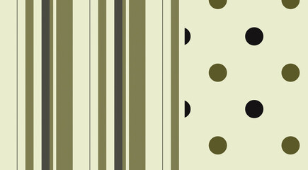 Seamless vector pattern with vertical stripes and polka dots in olive green, black, and light beige tones. Elegant textile print, fashion fabric design, retro paper background, and stylish graphic  © HEMEL