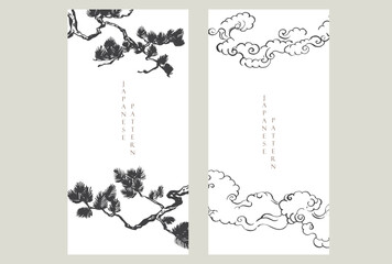 Obraz premium Bonsai tree and hand drawn cloud elements. Geometric pattern in vintage style. Japanese background. Asian traditional icon vector. 