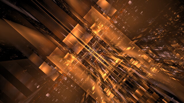 Amber rectangular structures converge through a tilted digital space in an abstract 3D background with luminous golden layers and intricate depth for futuristic technology design