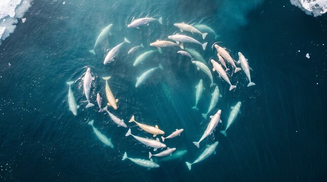 A top-down aerial view of a pod of beluga whales swimming together in a tight, circular formation in the dark blue ocean depths.