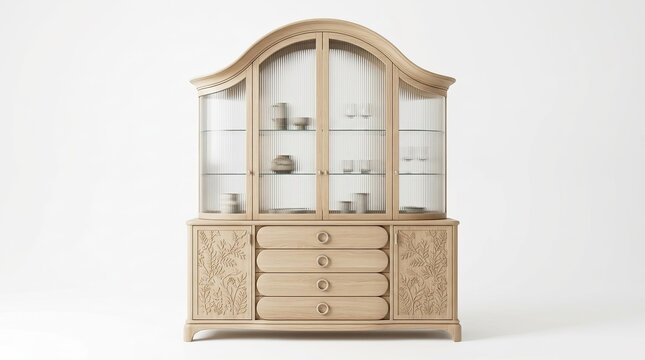 Elegant Wooden Display Cabinet with Glass Doors and Intricate Carvings