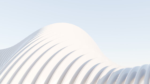 White sculptural ribs rise into a rolling wave beneath a clear pale blue sky in a minimal 3D architectural concept with smooth repeated curves and expansive open space