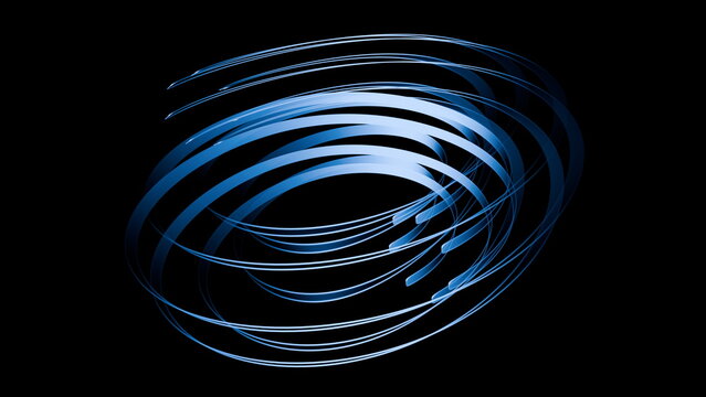 Thin blue metallic ribbons orbit an empty center against a black background in an abstract 3D sculpture with overlapping elliptical loops and cool reflective highlights