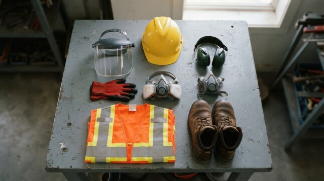 Knolled arrangement of PPE safety gear including hard hat, cut-resistant gloves, face shield, respirator, vest, and steel-toe boots.