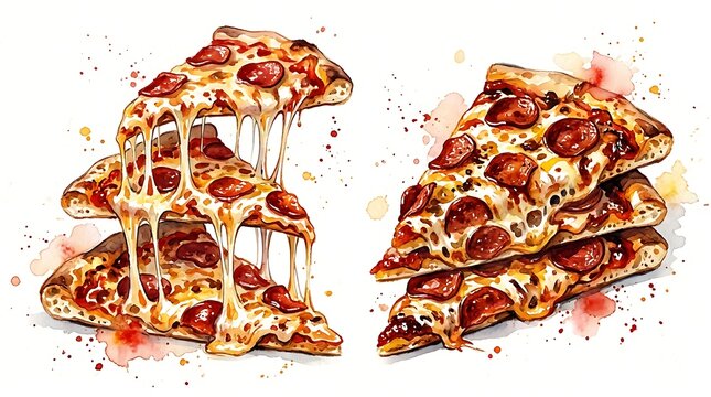 Watercolor illustration of pepperoni pizza slices with melting cheese isolated on white background