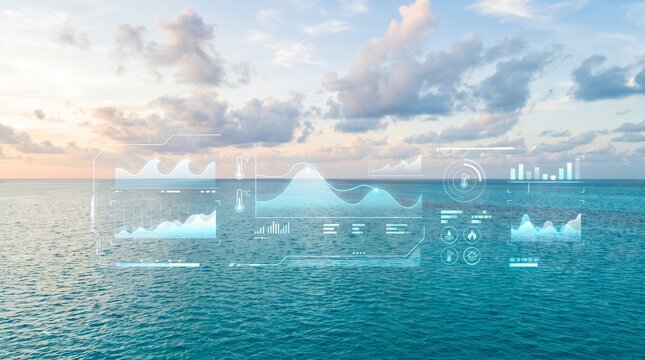 Futuristic ocean data dashboard with holographic blue HUD interface analyzing sea and sky parameters. 